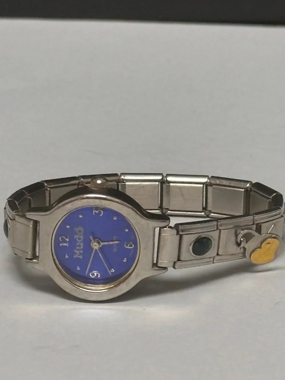 Mudd Watch Women Silver Tone Blue Dial  Italian Charms Stretch Band Y2K 6